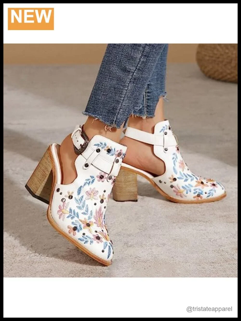 Women's Floral Embroidery Ankle Boots Buckled Backless Western Chunky Heeled
